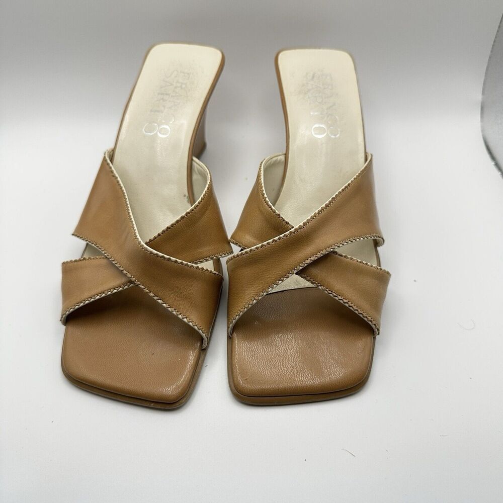 Franco Sarto Y2k Heels Sandals Square Toe Womens 6.5 Tan‎ Brown Cross Strap